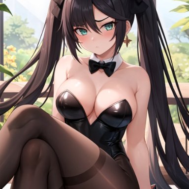 genshin impact, mona (genshin impact), alternate costume, breasts, bunny ears, bunny girl, bunnysuit, cleavage, crossed arms, female, leotard, pantyhose, playboy bunny, sitting, thin waist