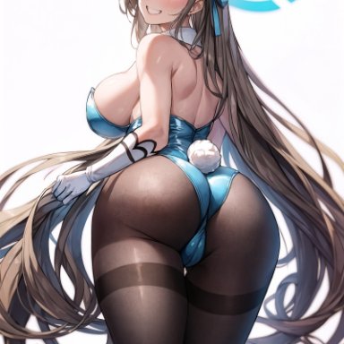 blue archive, asuna (blue archive), ass, ass focus, bare back, bare shoulders, blonde hair, blue eyes, blush, brown pantyhose, bunny ears, bunny girl, bunny tail, bunnysuit, cleavage