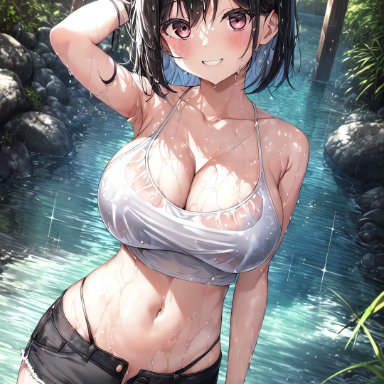 original, original character, holaraai, stable diffusion, 1girls, black hair, booty shorts, breasts, female, grin, huge breasts, light-skinned female, light skin, outdoors, red eyes