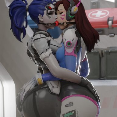 overwatch, d.va, widowmaker, kishi, ass, ball gag, bondage, bound together, duo, female, femsub, gag, hand on ass, kissing, multiple girls