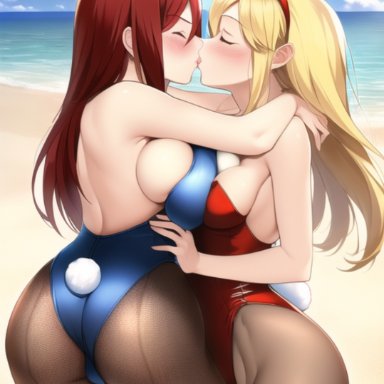 fairy tail, erza scarlet, lucy heartfilia, nai diffusion, stable diffusion, 2girls, ass focus, beach, big ass, blonde hair, blue leotard, bunny ears, bunny girl, bunnysuit, cleavage