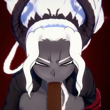 helltaker, koikatsu, judgement (helltaker), iopuerto, 1girls, :&gt;=, big penis, dark-skinned male, dark skin, demon, demon girl, fellatio, female, female focus, horns