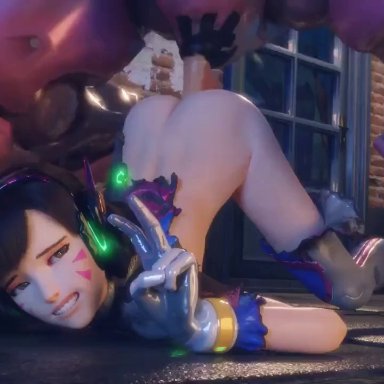 blizzard entertainment, overwatch, d.va, sombra, lvl3toaster, 2girls, asian, asian female, ass up, brown hair, dildo, doggy style, facial markings, female, female focus