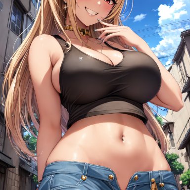 sono bisque doll wa koi wo suru, kitagawa marin, holaraai, stable diffusion, 1girls, alternate eye color, blonde hair, blush, booty shorts, breasts, city, female, gold eyes, gyaru, huge breasts