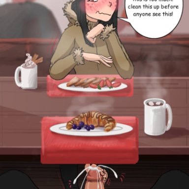luana (lustysun), lustysun, cum, cum on feet, food, footjob, footjob under table, looking at viewer, pov, restaurant, under the table, winter clothes, comic, comic page, dialogue