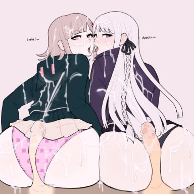 danganronpa, kirigiri kyouko, nanami chiaki, redvenus, 2boys, 2girls, ass, bisexual, buttjob, covered buttjob, cum, cum everywhere, cum on ass, cum on clothes, cum on face