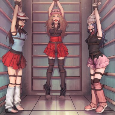 nintendo, pokemon, pokemon dppt, pokemon rgby, pokemon xy, dawn (pokemon), green (pokemon), leaf (pokemon), serena (pokemon), hamatsu, 3girls, arms above head, arms tied, ball gag, black dress