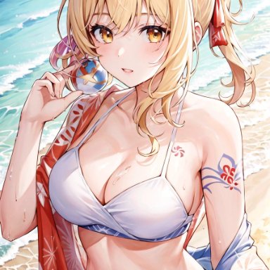 genshin impact, yoimiya (genshin impact), 1girls, beach, big breasts, bikini, blonde hair, blush, breasts, cleavage, clothing, female, female only, kimono, midriff