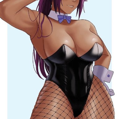 bleach, shihouin yoruichi, gud0c, 1girls, arm on head, bare shoulders, big breasts, black bunny ears, black leotard, blue bow, bunny ears, bunnysuit, collarbone, dark-skinned female, female