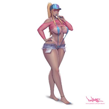 samus aran, pinkdrawz, 1girls, ankle bracelet, anklet, bangs, barefoot, beauty mark, big breasts, bimbo, blonde hair, blue eyes, blue lipstick, bored, bored expression