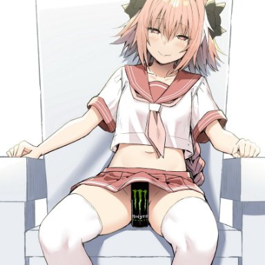 fate (series), monster energy, astolfo (fate), sky (freedom), 1boy, chair, femboy, heart-shaped pupils, looking at viewer, navel, no panties, pink eyes, pink hair, school uniform, sitting