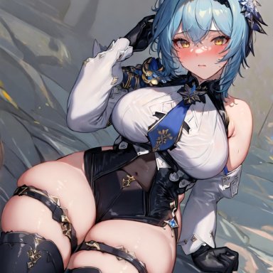 genshin impact, eula (genshin impact), nai diffusion, stable diffusion, 1girls, blue hair, bodysuit, breasts, female, thick thighs, voluptuous, wide hips, ai generated
