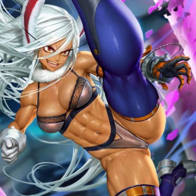 my hero academia, shounen jump, miruko, rumi usagiyama, neoartcore, 1girls, abs, breasts, bunny ears, bunny girl, dark-skinned female, female, female focus, gloves, kicking