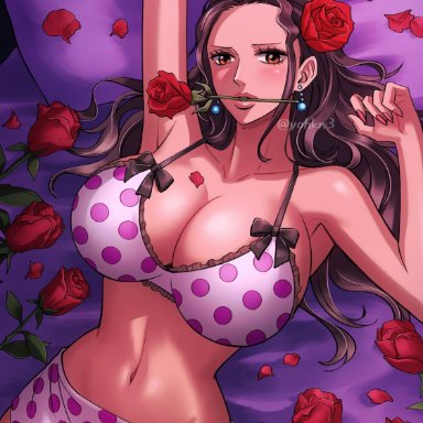 one piece, viola (one piece), yohkn3, 1girls, alternate costume, bare shoulders, bed, bed sheet, big breasts, blush, bra, breasts, brown hair, cleavage, clothing