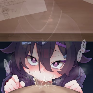 blue archive, haruka (blue archive), artist request, cum, cum in mouth, deepthroat, desk, hat, heart-shaped pupils, looking at viewer, oral, purple eyes, purple hair, under the table, tagme