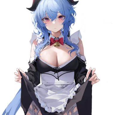 genshin impact, ganyu (genshin impact), hikinito (leviathan), cleavage, dress, garter belt, maid, maid headdress, maid uniform, panties, skirt lift, white background, tagme