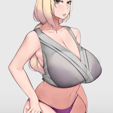 naruto, shounen jump, tsunade, bobtheneet, big breasts, blonde hair, female, female focus, female only, large breasts, looking at viewer, removing clothing, thick thighs, top heavy, voluptuous