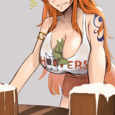 hooters, one piece, twitter, nami, vialnite, 1girls, booty shorts, breasts, cleavage, female, grin, hooters uniform, huge breasts, light-skinned female, light skin