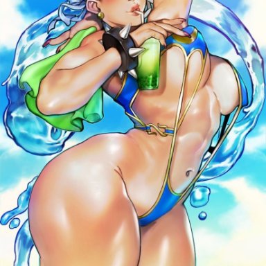 capcom, street fighter, chun-li, allofthelewds, black hair, bracelet, breasts, bun cover, cup, double bun, drinking straw, earrings, female, fingernails, hair bun