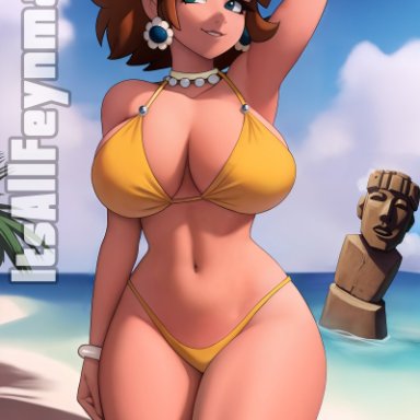 mario (series), nintendo, princess daisy, itsallfeynman, 1girls, arm behind head, beach, big breasts, bikini, bikini bottom, bikini top, blue eyes, bracelet, breasts, brown hair