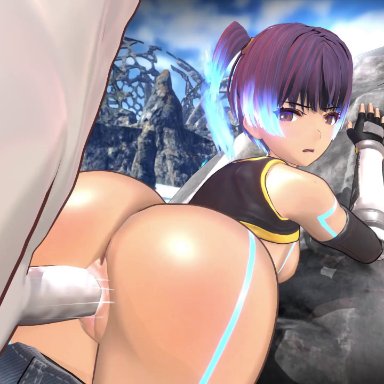 nintendo, nintendo switch, xenoblade (series), xenoblade chronicles 3, lanz (xenoblade), sena (xenoblade), blobcg, 1boy, ass, back, back view, bouncing ass, bouncing breasts, bouncing testicles, bubble butt