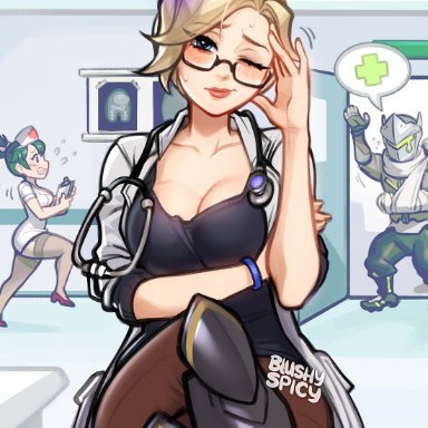 among us, overwatch, angela ziegler, background character, dr. ziegler, kiriko (overwatch), mercy, sussy baka, blushypixy, blushyspicy, 1girls, adjusting hair, background characters, blonde hair, blue eyes