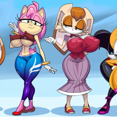sonic (series), sonic the hedgehog (series), amy rose, cream the rabbit, rouge the bat, vanilla the rabbit, grillo, 4girls, animal ears, bat wings, big breasts, blue eyes, breasts, bunny ears, female