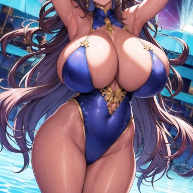 original, original character, holaraai, stable diffusion, 1girls, armpits, arms up, breasts, brown eyes, brown hair, female, highleg swimsuit, huge breasts, light-skinned female, light skin