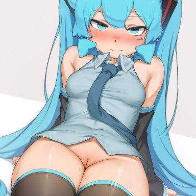 vocaloid, hatsune miku, abmayo, 1girls, aqua eyes, aqua hair, armwear, blush, blushing, bottomless, clothed female, embarrassed, eye contact, female, female only