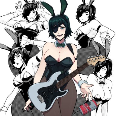 chainsaw man, mappa, himeno (chainsaw man), aneurysm ax, 1girls, beer, beer can, big breasts, bunny ears, bunnysuit, cleavage, drooling, female, female only, guitar