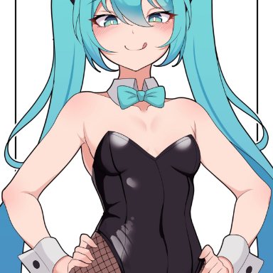 vocaloid, hatsune miku, kumada gaon, 1girls, blue eyes, blue hair, bunny ears, bunnysuit, fishnets, hands on hips, licking lips, looking at viewer, looking down, small breasts, smile