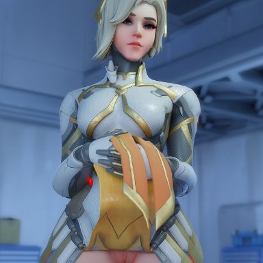 blizzard entertainment, overwatch, overwatch 2, angela ziegler, mercy, rwt4184, 1girls, armor, armwear, blonde hair, blue eyes, bottomless, clothed, clothing, detailed background