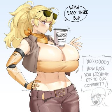 rwby, wojak comics, wojak, yang xiao long, lulu-chan92, amputee, blonde hair, fully clothed, huge breasts, lilac eyes, long hair, massive breasts, ponytail, robotic arm, scarf