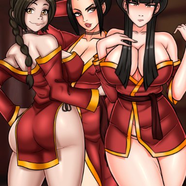 avatar the last airbender, azula, mai (avatar), ty lee, belmont, 3 girls, black hair, cleavage, clothing, dark hair, erect nipples, erect nipples under clothes, horny, imminent sex, large breasts