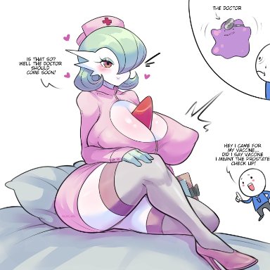 nintendo, pokemon, ditto, gardevoir, generation 1 pokemon, generation 3 pokemon, pok&#233;mon (species), pinkkoffin, 1boy, 1girls, anthro, blush, breasts, chest spike, cleavage