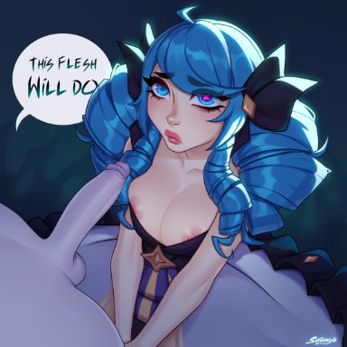 league of legends, league of legends: wild rift, riot games, gwen (league of legends), viego (league of legends), satanya, 1boy, 1girls, big breasts, big penis, blue eyes, blue hair, boob window, breasts, cleavage