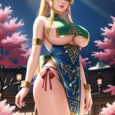 nintendo, the legend of zelda, princess zelda, zelda (breath of the wild), 1girls, blonde hair, blue eyes, chinese clothes, underboob cutout, video games, ai generated