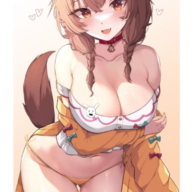 hololive, hololive gamers, inugami korone, kkato, arm under breasts, bare legs, bare shoulders, barely clothed, blush, bone hair ornament, bowtie, braided twintails, brown eyes, brown hair, cute