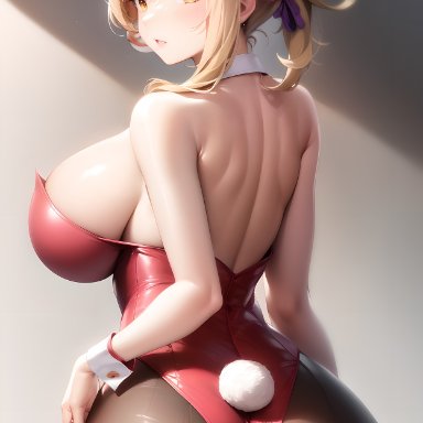 genshin impact, yoimiya (genshin impact), stable diffusion, alternate costume, ass, ass focus, bare shoulders, blonde hair, blush, breasts, bunny ears, bunnysuit, female, from behind, hair ornament