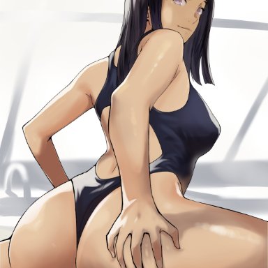 naruto, naruto: the last, naruto (series), naruto shippuden, hyuuga hinata, arad baranga, 1girls, ass, ass grab, bangs, black hair, blunt bangs, bottom heavy, breasts, competition swimsuit