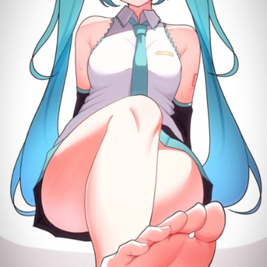 vocaloid, hatsune miku, kumada gaon, 1girls, bare legs, bare shoulders, barefeet, barefoot, blue eyes, blue hair, cum request, cute, cute face, feet, feet fetish