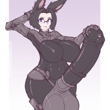 final fantasy, final fantasy xiv, original character, viera, kittenboogers, 1futa, animal ears, animal genitalia, balls, big hips, black hair, bodysuit, breasts, bunny ears, bunny girl