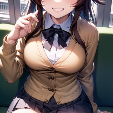 genshin impact, hu tao (genshin impact), nai diffusion, stable diffusion, 1girls, breasts, brown hair, female, female only, fully clothed, public transportation, red eyes, school uniform, schoolgirl, sitting