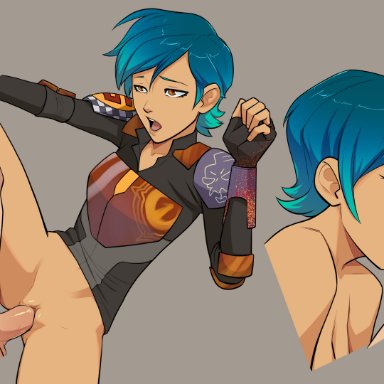 star wars, star wars rebels, sabine wren, zet13, 1girls, athletic female, blue hair, bottomless, closed eyes, clothed female nude male, cum, cum in mouth, fellatio, female, fingerless gloves