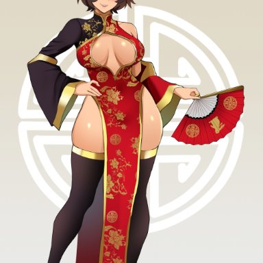 lunar new year, rwby, faunus, kali belladonna, lainart, 1girls, animal ears, black hair, black thighhighs, blush, boob window, breasts, cat ears, cat girl, china dress