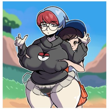 pokemon, pokemon sv, florian (pokemon), penny (pokemon), team star, keenkix, 1boy, 1girls, alternate breast size, big breasts, breasts, chubby, clothes, dyed hair, female