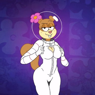 nickelodeon, spongebob squarepants, sandy cheeks, profannytea, 1girls, anthro, areola, bedroom eyes, bite, biting lip, blush, bounce, breasts, clothing, diving suit