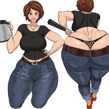 big hero 6, cass hamada, cyberboi, 1girls, ass cleavage, big ass, brown hair, chubby female, looking at viewer, mature female, short hair, slightly chubby, thong, white background, wide hips