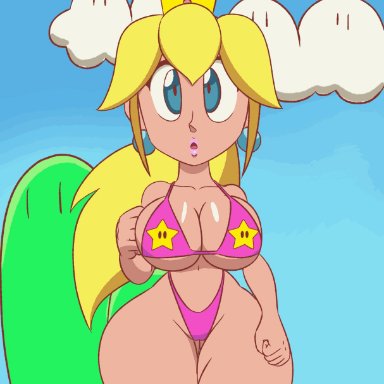 mario (series), nintendo, super mario bros., bullet bill, princess peach, tansau, 1girls, 1other, 20s, bare shoulders, bikini, bikini top only, blinking, blonde hair, blue eyes