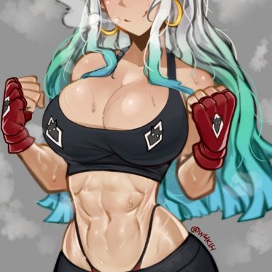 one piece, yamato (one piece), w4kih, 1girls, abs, blush, breasts, female, fit, fit female, gloves, green hair, horns, huge breasts, long hair